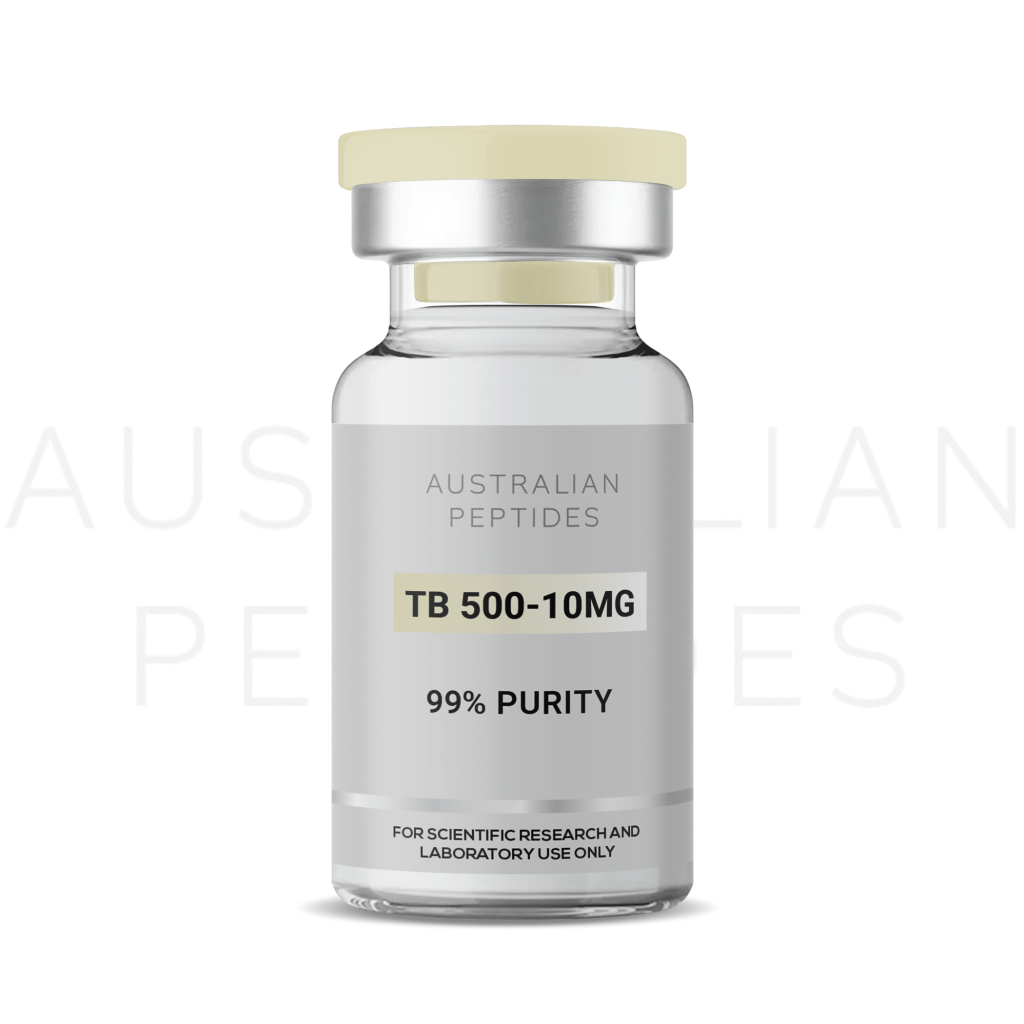 Clear glass vial labeled 'TB 500-10MG' with a yellow cap, indicating 99% purity and intended for scientific research and laboratory use only.