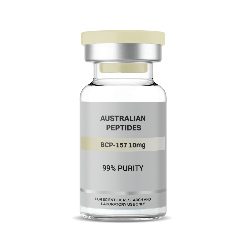 A clear vial labeled 'AUSTRALIAN PEPTIDES BCP-157 10mg 99% PURITY' intended for scientific research and laboratory use.