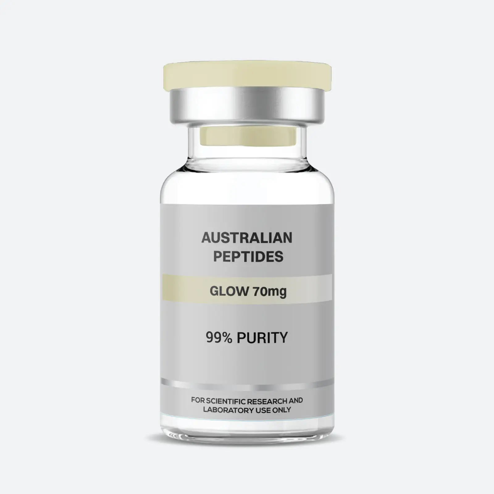 GLOW 70mg vial from Australian Peptides — a lyophilised blend of GHK-Cu, BPC-157 and TB-500, labelled for scientific research and laboratory use only