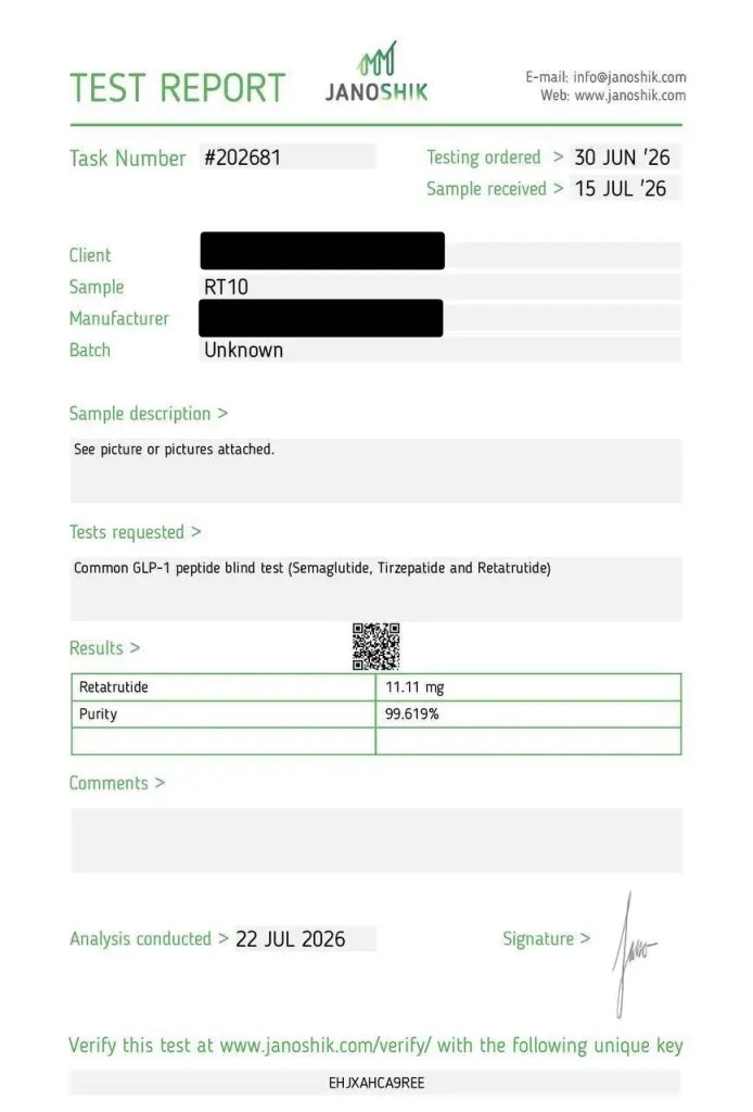 Certificate of analysis for R3TA 10mg