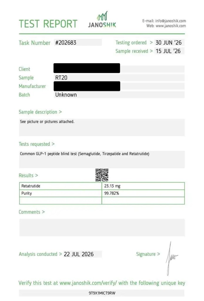 Certificate of analysis for R3TA 20mg