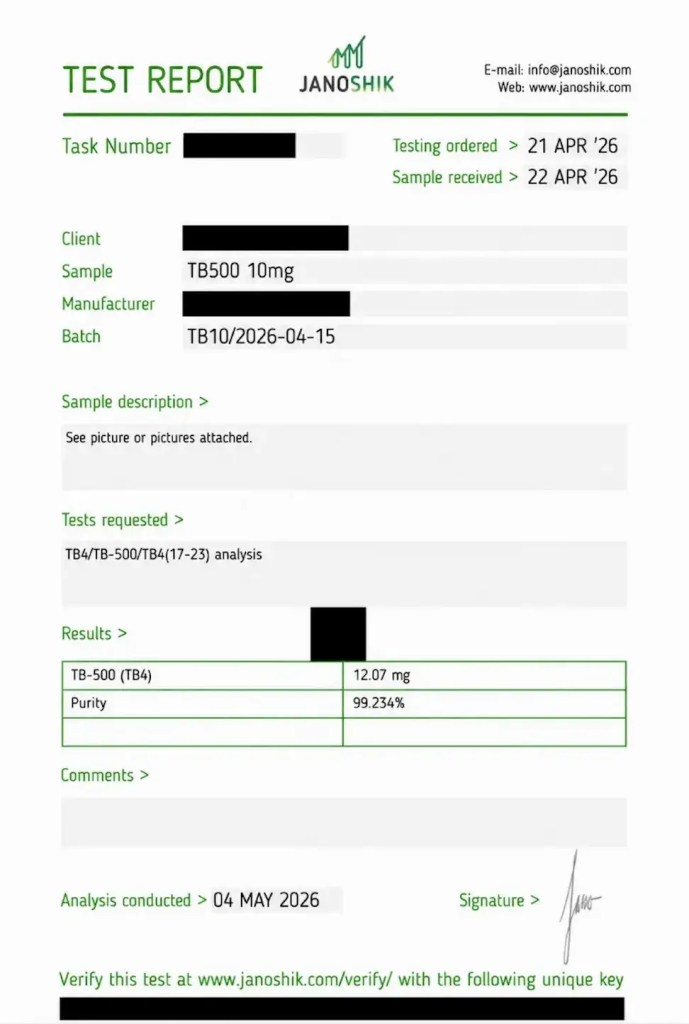 Certificate of analysis for TB-500 10mg